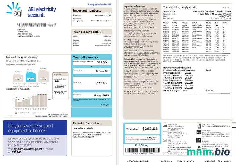 Australia AGL elektryczność account energy rachunek za media formaty Word i PDF (2)